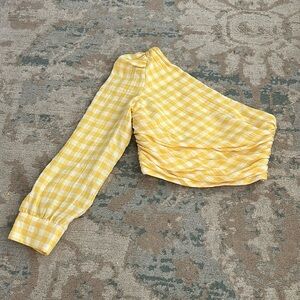 Zara One Shoulder Long Sleeve Top Yellow Gingham Blogger Fave M